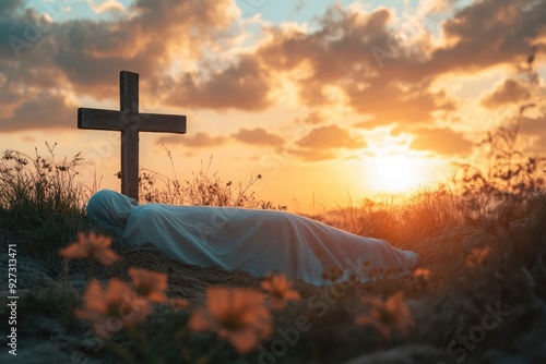 omb Empty With Shroud And Crucifixion At Sunrise - Resurrection Of Jesus Christ , ai photo