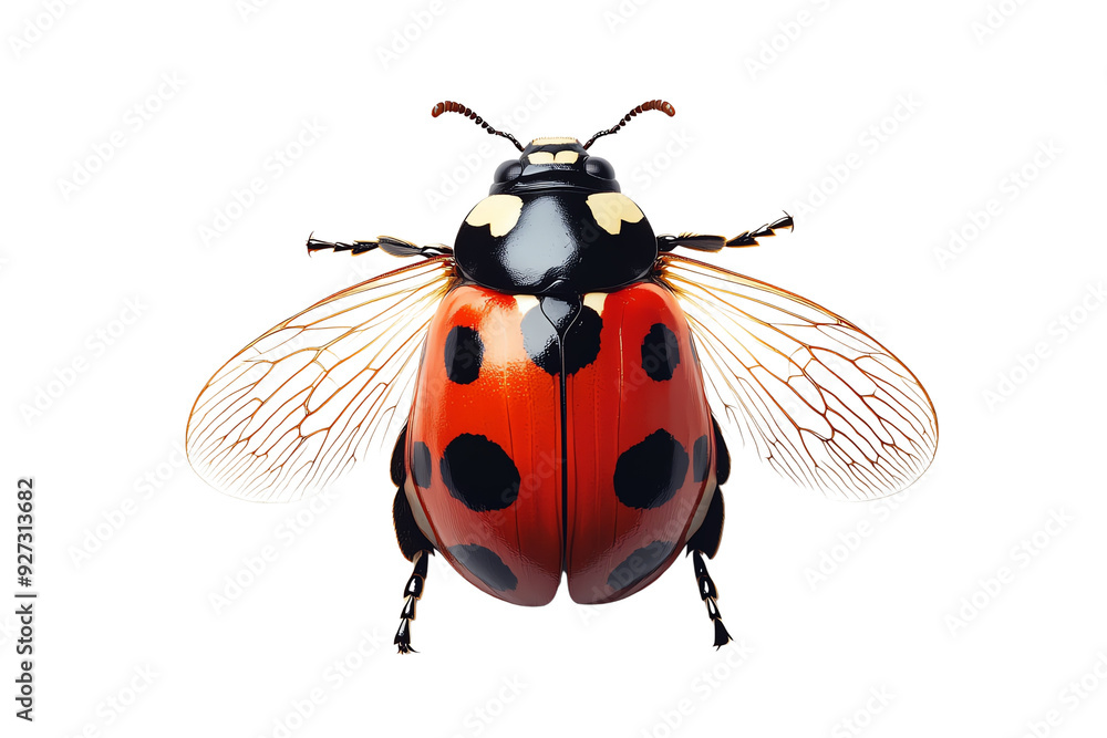 Fototapeta premium A detailed close-up of a vibrant ladybug showcasing its colorful patterns and delicate wings. Ideal for nature and insect themes.