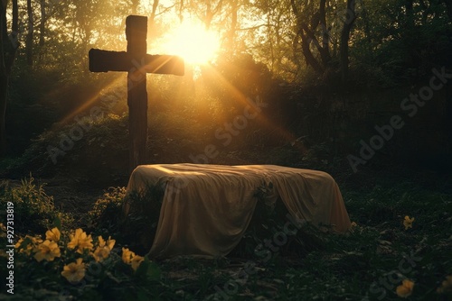 omb Empty With Shroud And Crucifixion At Sunrise - Resurrection Of Jesus Christ , ai photo