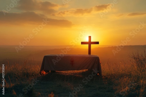 omb Empty With Shroud And Crucifixion At Sunrise - Resurrection Of Jesus Christ , ai photo