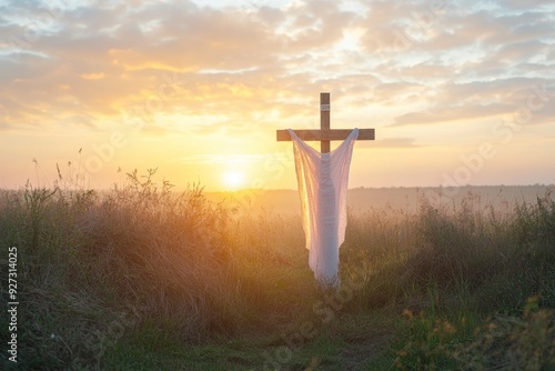 omb Empty With Shroud And Crucifixion At Sunrise - Resurrection Of Jesus Christ , ai photo