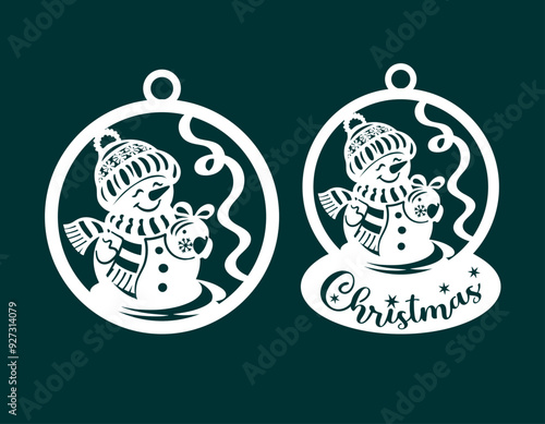 Stencil of a cheerful Christmas snowman with a Christmas tree ball. Christmas tree ornament. File for cutting out