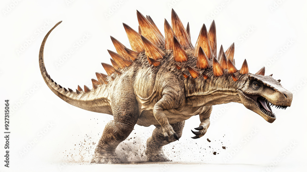 A fierce Stegosaurus dinosaur with orange spikes captured in a dynamic pose against a white background, showcasing its powerful build. A fierce Stegosaurus dinosaur with orange spikes captured in a dynamic pose against a white background, showcasing its powerful build.