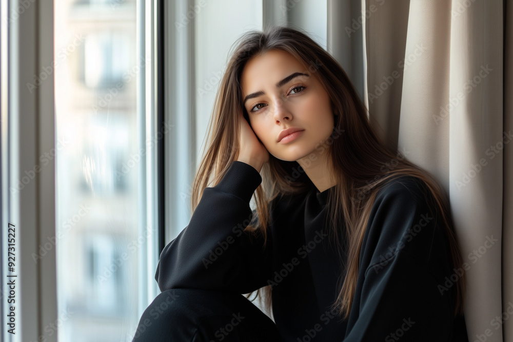 Adult woman sitting near window, dressed in a black sweatshirt, thoughtful and sad expression, in no mood or depressed Adult woman sitting near window, dressed in a black sweatshirt, thoughtful and sad expression, in no mood or depressed