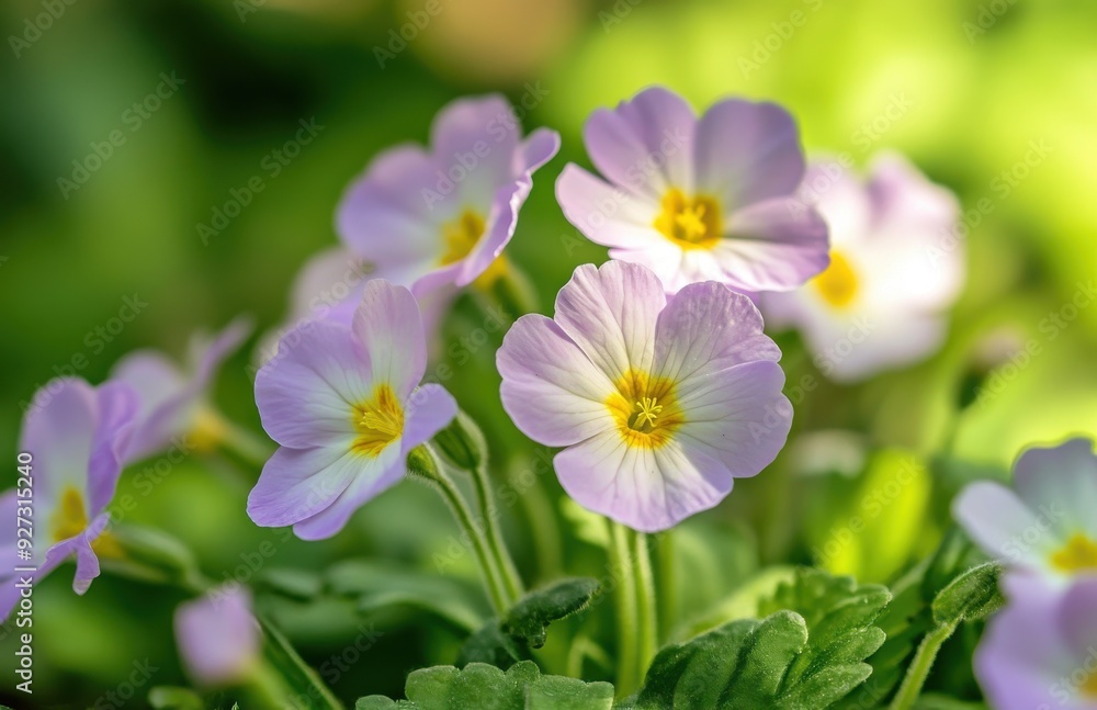 purple primrose flowers in the garden, with a blurry green background purple primrose flowers in the garden, with a blurry green background