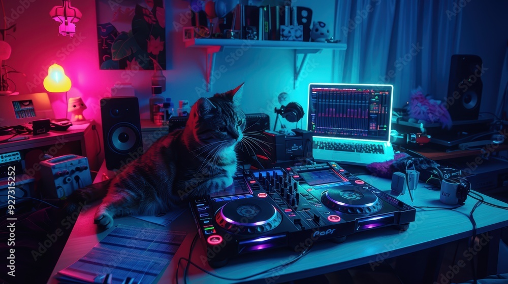 Cat DJing in Neon Lit Studio Cat DJing in Neon Lit Studio
