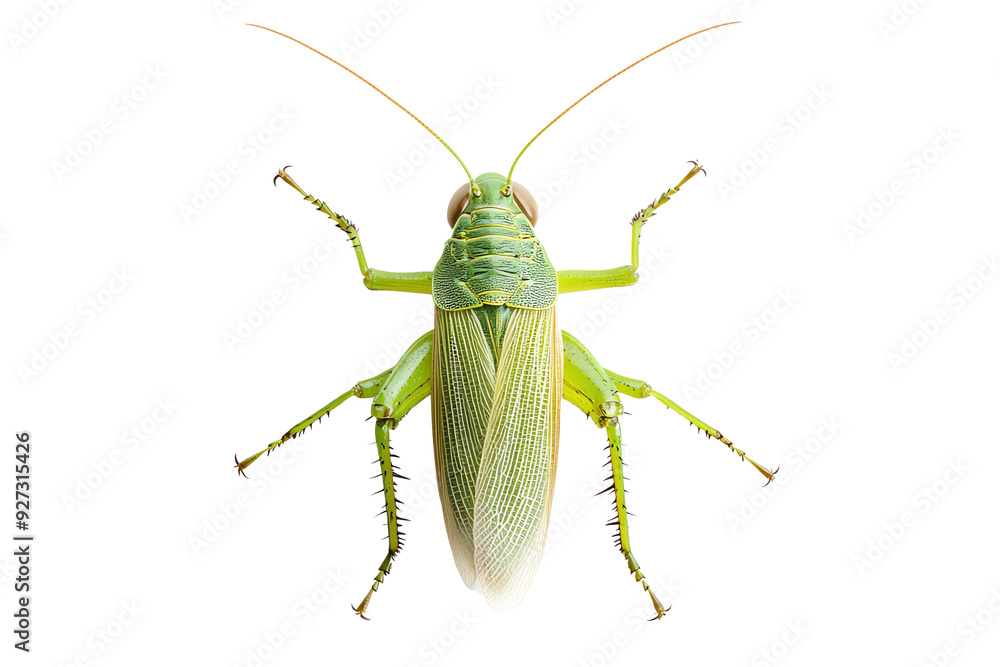 Close-up view of a green grasshopper showcasing its intricate details and vibrant coloration, perfect for nature-related themes.