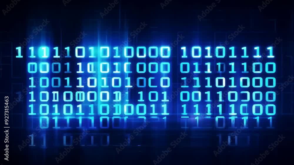 Futuristic Tech: Blue Binary Code Streaming on Black Monitor Futuristic Tech: Blue Binary Code Streaming on Black Monitor