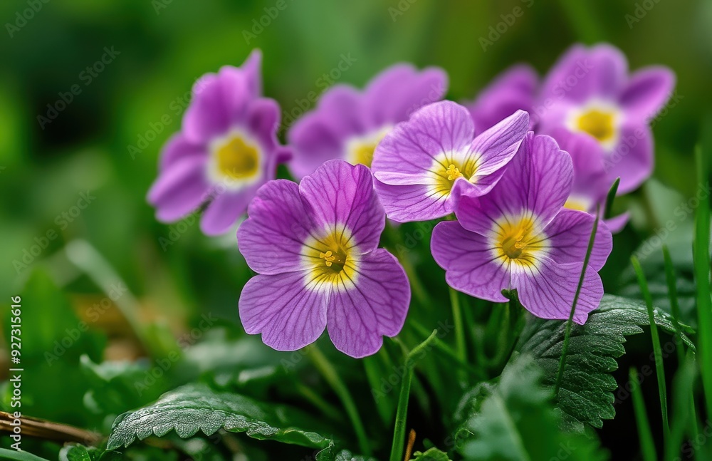 purple primrose flowers in the garden, with a blurry green background purple primrose flowers in the garden, with a blurry green background
