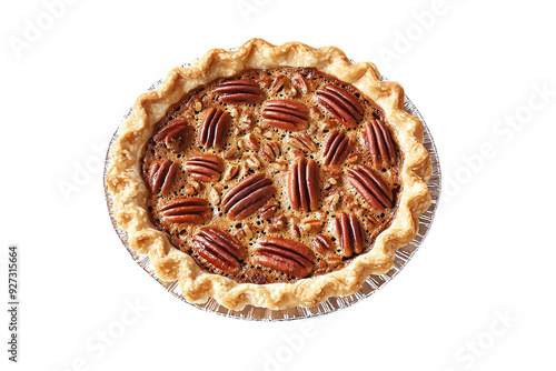 Delicious pecan pie with a golden crust and topped with fresh pecans, perfect for dessert or holiday gatherings. photo