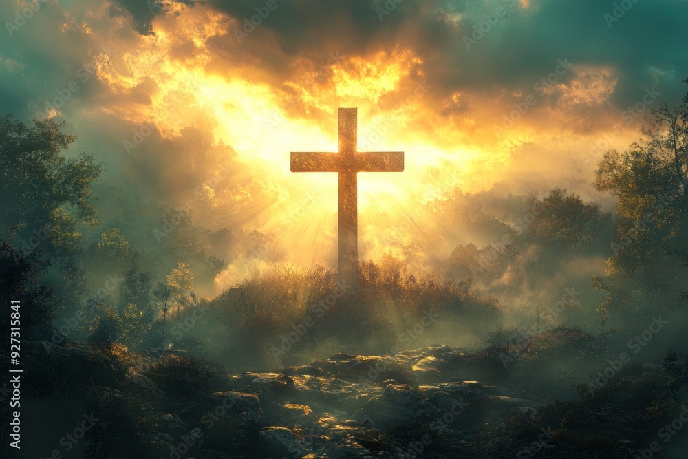 Fototapeta premium Religious representation with cross and nature landscape background , ai