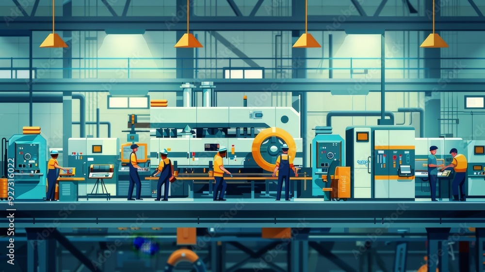 Cartoon vector depiction of workers maintaining machinery on the production line, highlighting maintenance activities Cartoon vector depiction of workers maintaining machinery on the production line, highlighting maintenance activities