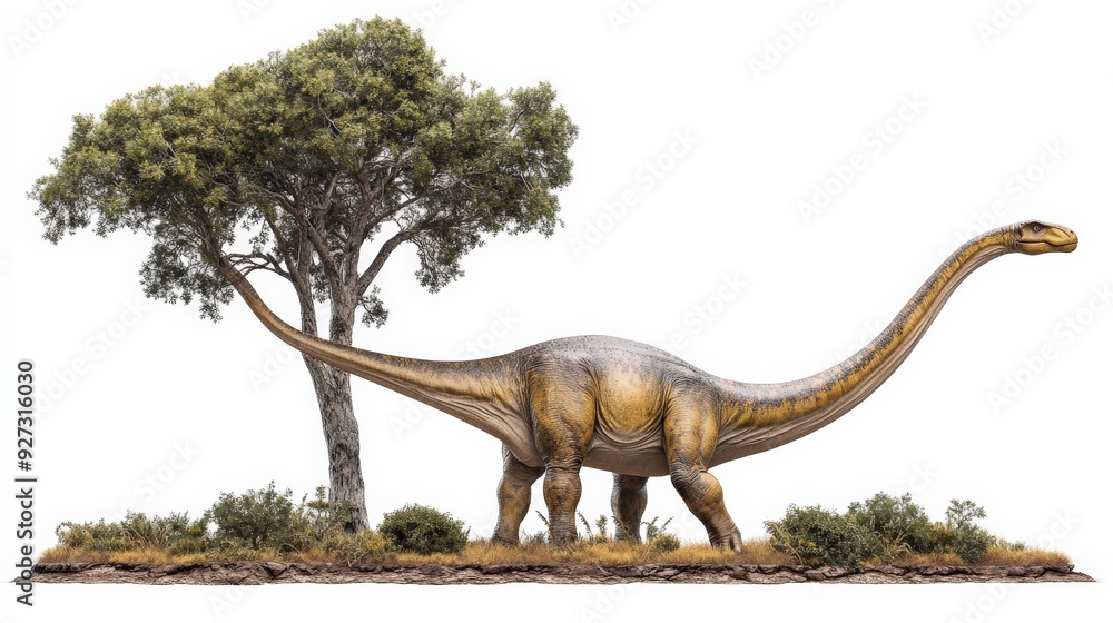 Fototapeta premium A majestic dinosaur with a long neck standing next to a tree in a prehistoric setting, highlighting ancient wildlife and natural history.