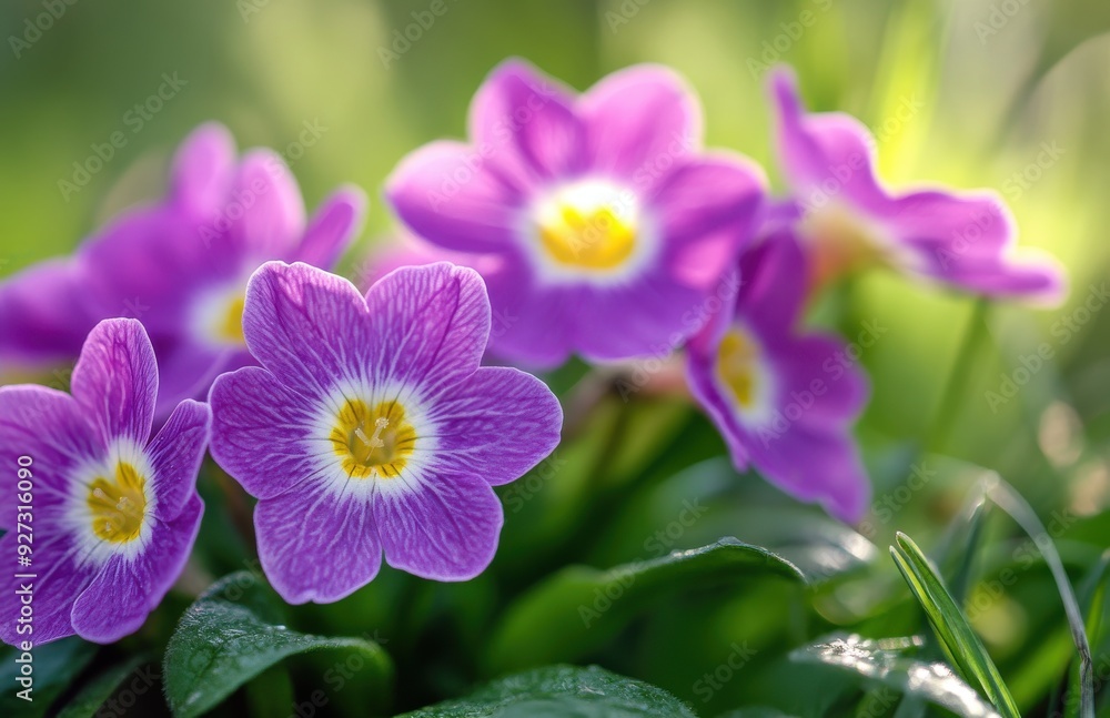 purple primrose flowers in the garden, with a blurry green background purple primrose flowers in the garden, with a blurry green background