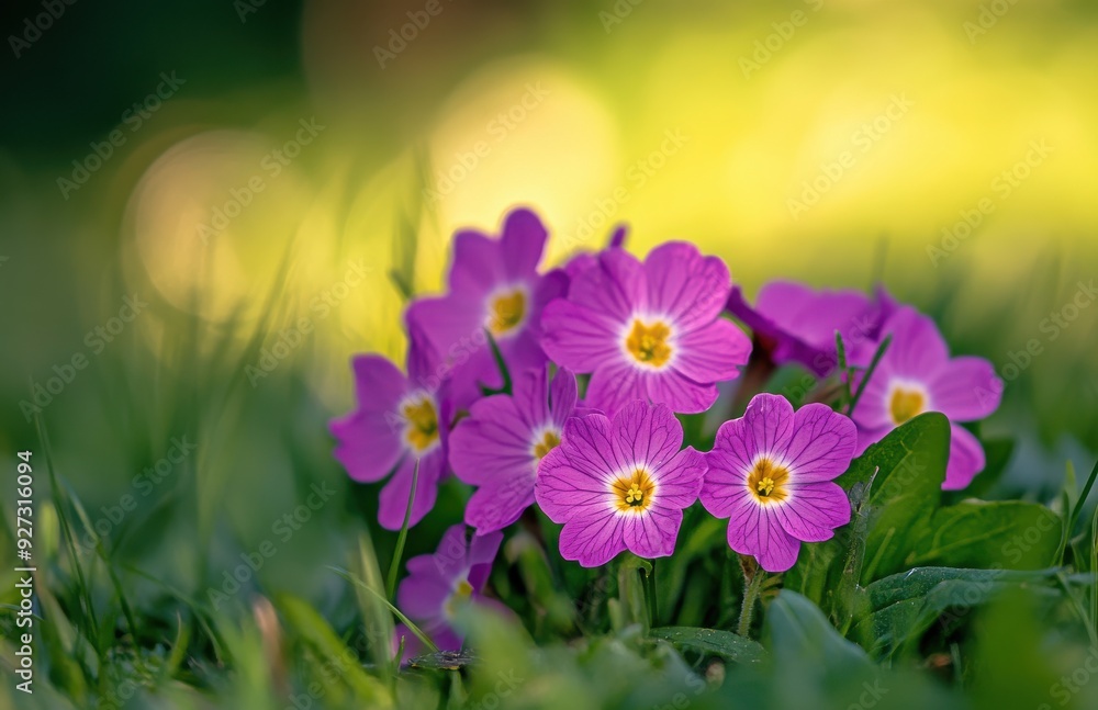 purple primrose flowers in the garden, with a blurry green background purple primrose flowers in the garden, with a blurry green background