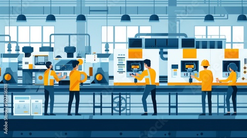 Cartoon vector depiction of workers maintaining machinery on the production line, highlighting maintenance activities