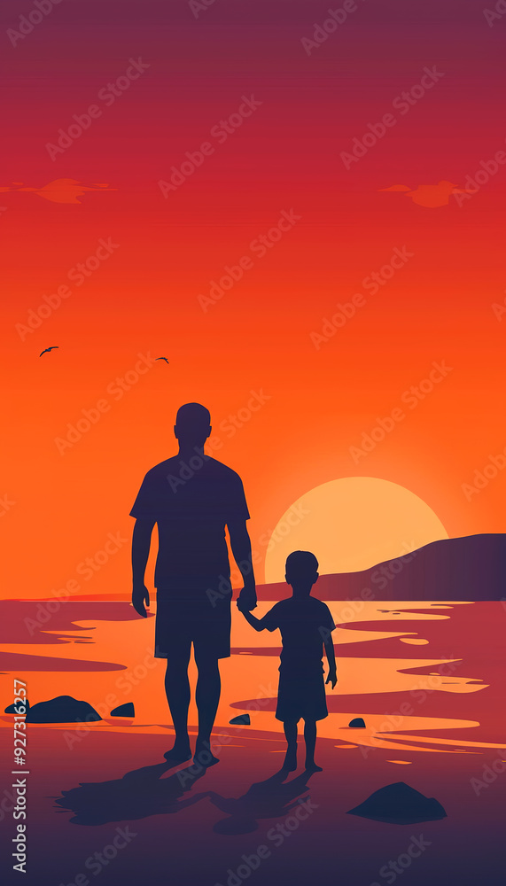 Father and son silhouetted against a setting sun on the beach Father and son silhouetted against a setting sun on the beach