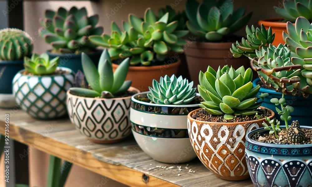A variety of succulents in ceramic pots on the shelf A variety of succulents in ceramic pots on the shelf