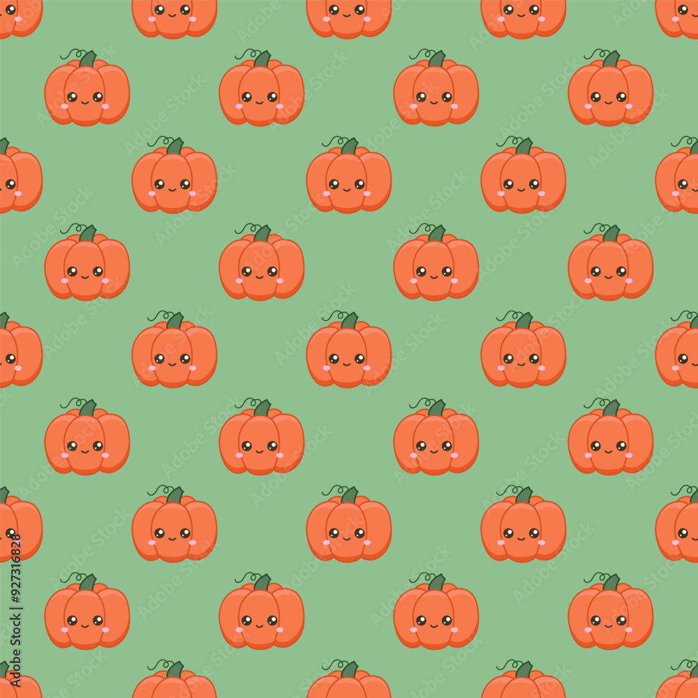 Background for the harvest festival. A ripe pumpkin with a cute face. Seamless pattern with kawaii vegetable character
