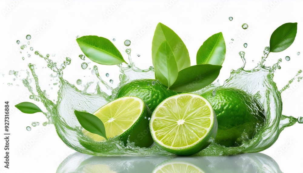 Splashing Limes and Leaves: A Fresh Cut-Out Image Splashing Limes and Leaves: A Fresh Cut-Out Image