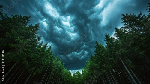 A stormy sky with mammatus clouds forming above a dense forest creating a dramatic atmosphere photo