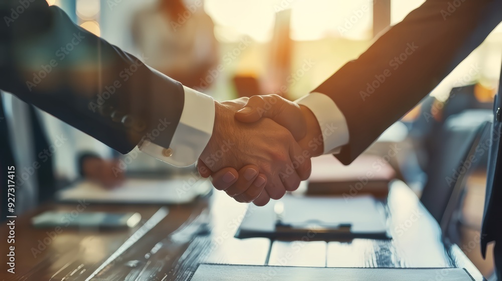 Two business people shaking hands after signing a contract in a brightly lit office. Two business people shaking hands after signing a contract in a brightly lit office.