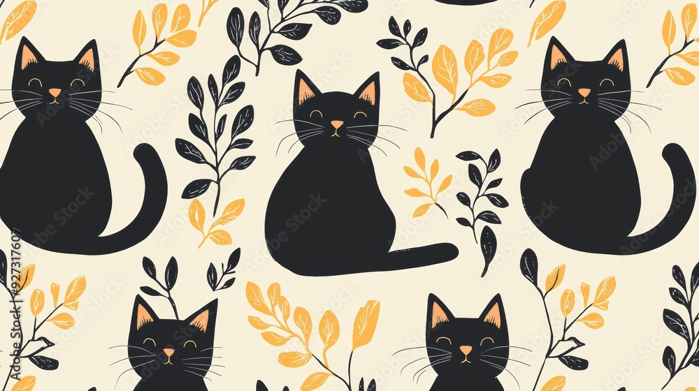 Seamless Pattern with Black Cats and Leaves Seamless Pattern with Black Cats and Leaves