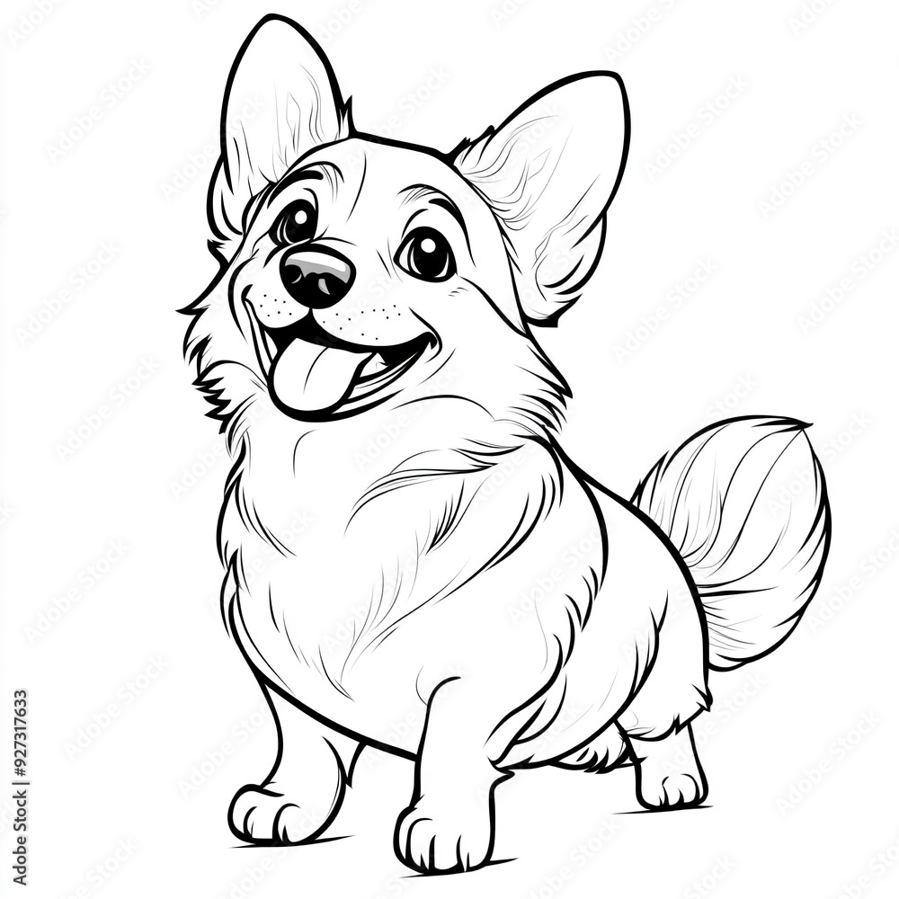 happy corgi dog in black outline on a white background in a minimalist cartoon style, sketch corgi for coloring happy corgi dog in black outline on a white background in a minimalist cartoon style, sketch corgi for coloring