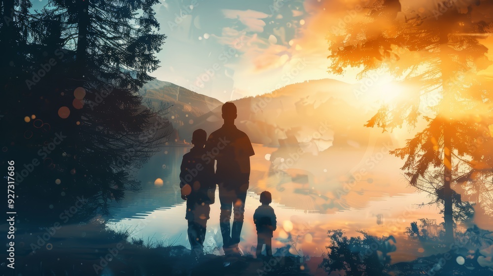 Fototapeta premium Silhouettes of three people standing by a lake with a sunset in the background.