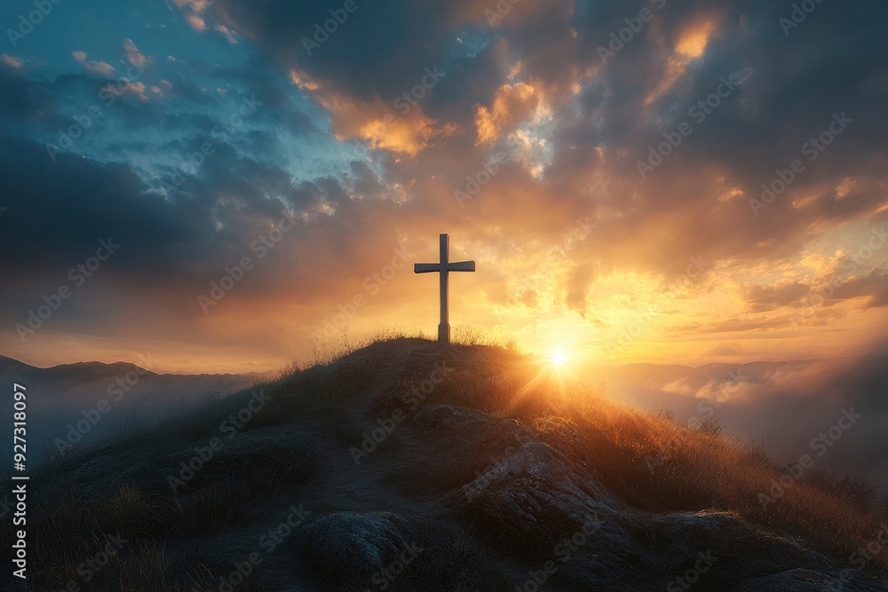 Serene Sunrise Behind Cross on Hill, Spiritual Awakening Concept , ai Serene Sunrise Behind Cross on Hill, Spiritual Awakening Concept , ai