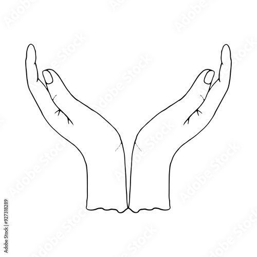Simple two hands holding gesture template black and white vector illustration for hope, charity and peace concepts, cosmetics and skin care designs. Ink sketch