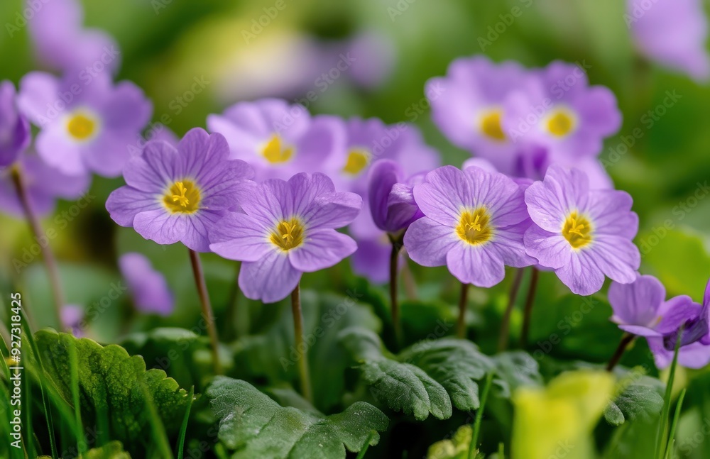 purple primrose flowers in the garden, with a blurry green background purple primrose flowers in the garden, with a blurry green background