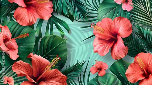 Wallpaper Mural A tropical flower illustration pattern with vibrant hibiscus flowers and lush green palm leaves, creating a lively and exotic design on a turquoise background. 8k UHD, suitable for high-quality  Torontodigital.ca