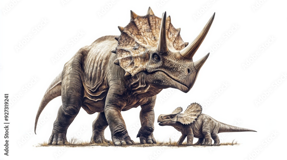 Fototapeta premium Artistic illustration of a triceratops and its baby in a prehistoric setting, showcasing intricate details of their appearance and environment.