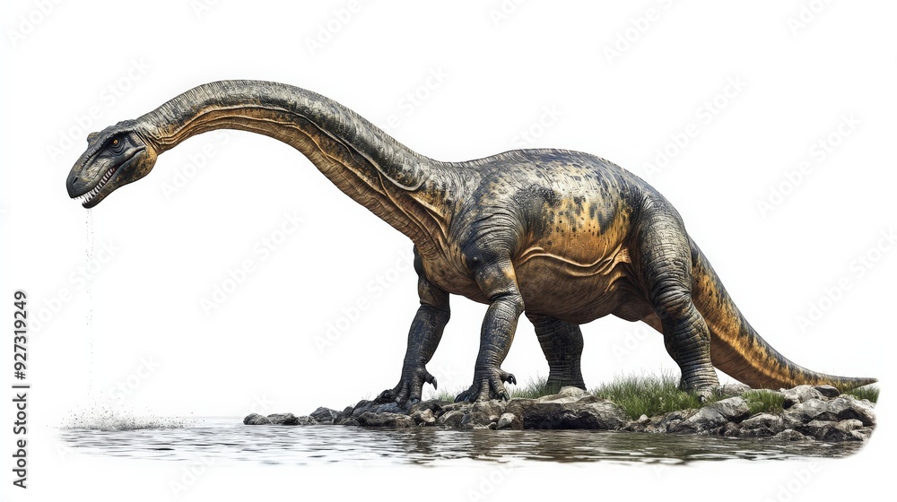 An image of a Brachiosaurus, a large dinosaur with a long neck and tail, standing near a water body. Perfect for educational and historical purposes. An image of a Brachiosaurus, a large dinosaur with a long neck and tail, standing near a water body. Perfect for educational and historical purposes.