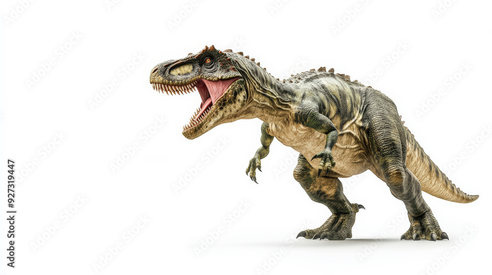 Naklejka premium Detailed 3D rendering of a roaring T-Rex dinosaur on a white background, showcasing its fierce expression and realistic texture.