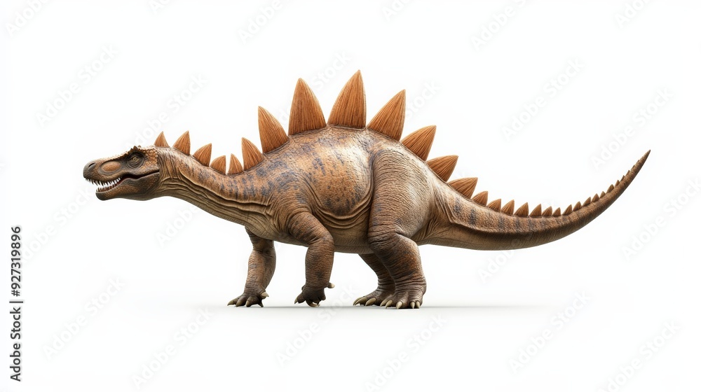 Fototapeta premium Detailed illustration of a Stegosaurus dinosaur with orange plates and spikes against a white background. Prehistoric animal artwork.