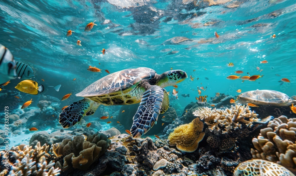 Obraz premium Vibrant sea turtle swimming among colorful fish and coral reef.