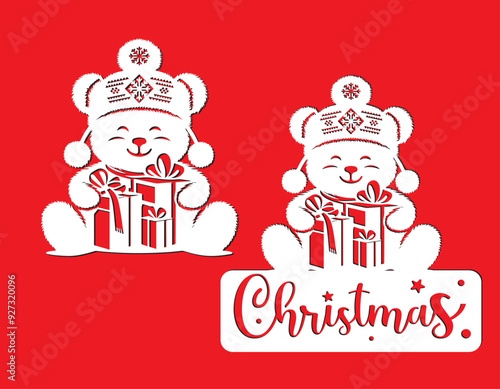 Stencil of a cheerful Christmas bear in a winter hat with presents. Cut file