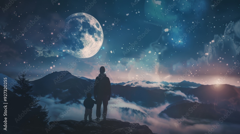 Fototapeta premium Silhouette of a father and son standing on a mountaintop overlooking a sea of clouds and a bright moon in the night sky.