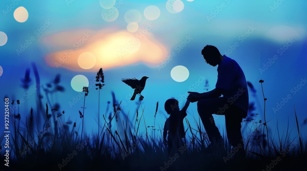 Silhouette of a father and son standing in a field of tall grass at dusk, with a bird perched on a stalk in the background. Silhouette of a father and son standing in a field of tall grass at dusk, with a bird perched on a stalk in the background.