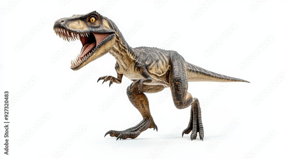 Detailed model of a roaring dinosaur with sharp teeth and claws, showcasing prehistoric power and ferocity against a white background. Detailed model of a roaring dinosaur with sharp teeth and claws, showcasing prehistoric power and ferocity against a white background.