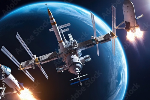 Fototapeta Naklejka Na Ścianę i Meble -  High Quality 3D Space Station Illustration in Earth Orbit with Detailed Rocket and Spaceship Render