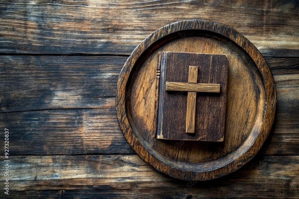The Cross with old Bible lay on wooden plate, christian concept , ai The Cross with old Bible lay on wooden plate, christian concept , ai