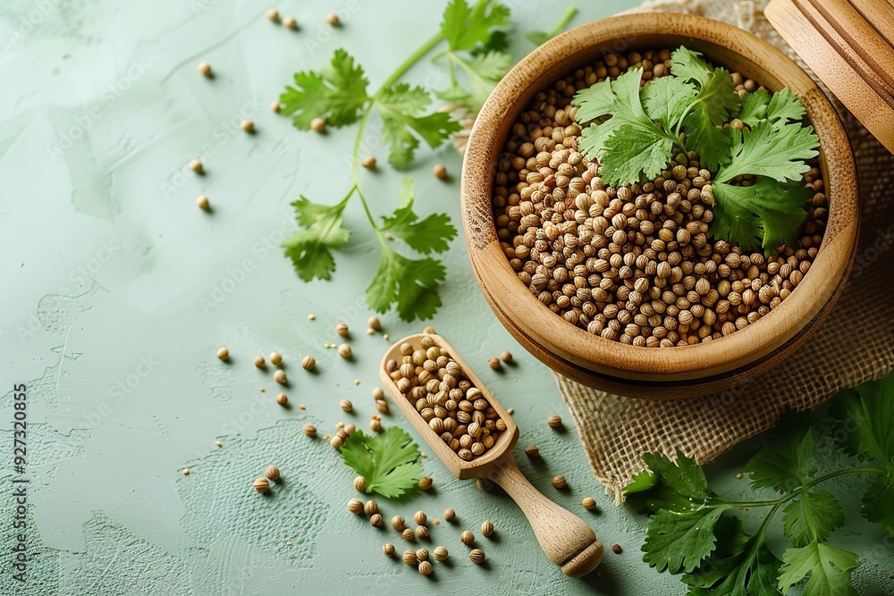 On a crisp green background a wooden dish filled with coriander seeds and coriander leaves is shown next it as decoration with a big space on it for text, Generative AI. On a crisp green background a wooden dish filled with coriander seeds and coriander leaves is shown next it as decoration with a big space on it for text, Generative AI.