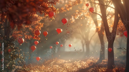 Red bubbles in the autumn forest