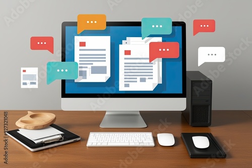 3D Desktop Illustration Featuring Floating Documents and Chat Bubbles for Effective Digital Marketing Strategies