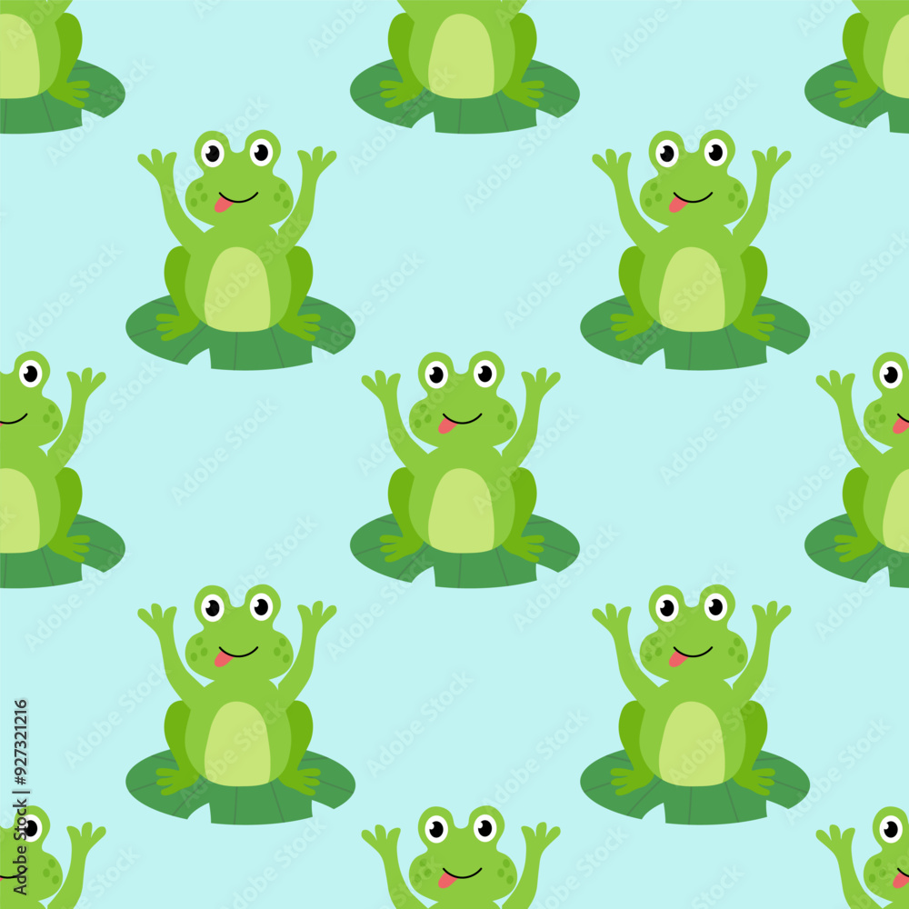 Obraz premium Seamless Pattern with Cute frog show tongue sit on water lily leaf. Children Hand drawn vector flat illustration.
