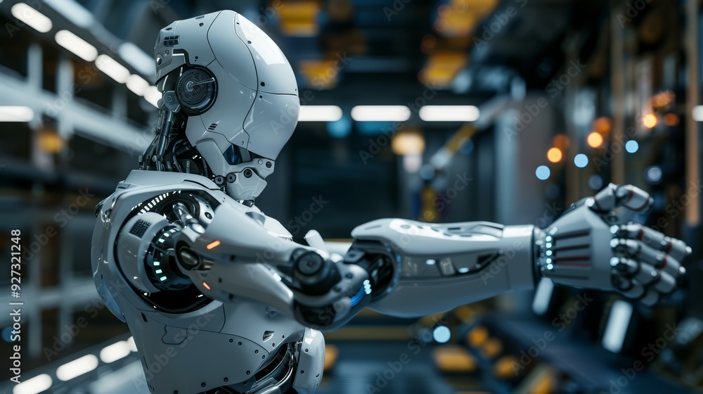 Fototapeta premium Futuristic white robot with glowing blue lights and outstretched hand in a futuristic industrial setting.