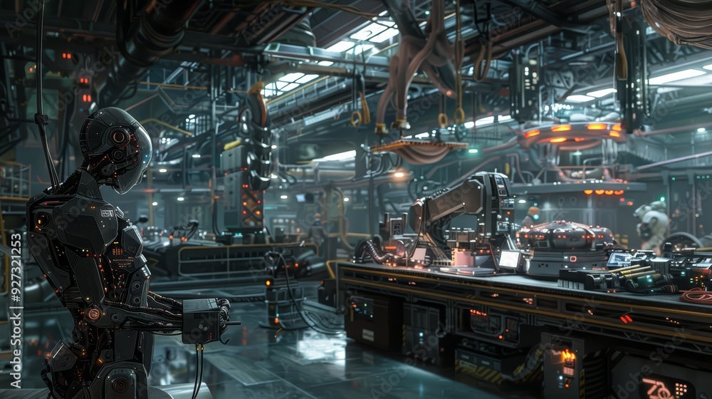 Fototapeta premium Futuristic robot working in a high-tech laboratory setting.